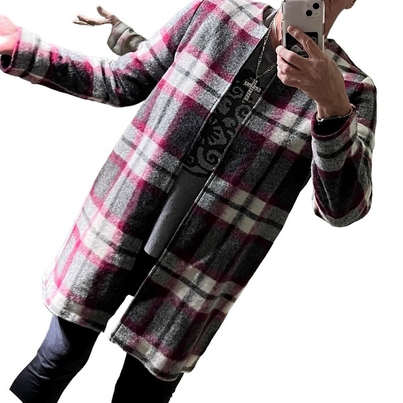 Max Studio Gray Fuchsia White Wool Blend Plaid Blanket Coat with Pockets L - Picture 3 of 12